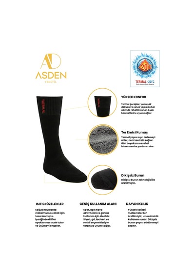 Asden 6 Çift Termal Erkek Çorap Ekstra Kalın Havlu Premium Pamuklu Burun Dikişsiz Kısa Konç Siyah Mix