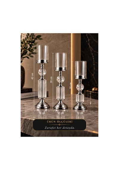 Kristal Ve Cam Detaylı Metal Şamdan Krom