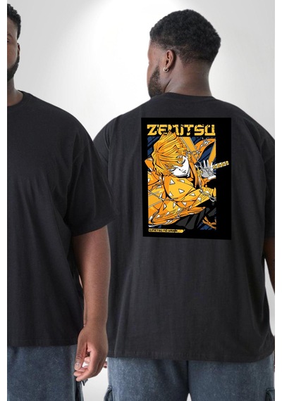 Angemiel Zenitsu Agatsuma Anime Büyük Beden Siyah Tişört Kadın Erkek Ünisex Sırt Baskılı Siyah