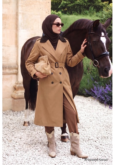 Avenna Kontrast Yaka Belden Kemerli Yandan Cepli Kap 125 Cm Boy Camel 26kt713