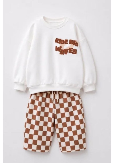 Lucco Erkek Çocuk Sweatshirt Ve Damalı Eşofman Takım Kahverengi