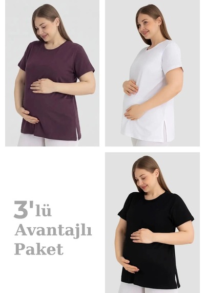 Carlburn Özel Üretim Pamuklu Kısa Kollu Hamile Tişört 3'lü Paket Esnek Temel Set Mürdüm Beyaz Siyah