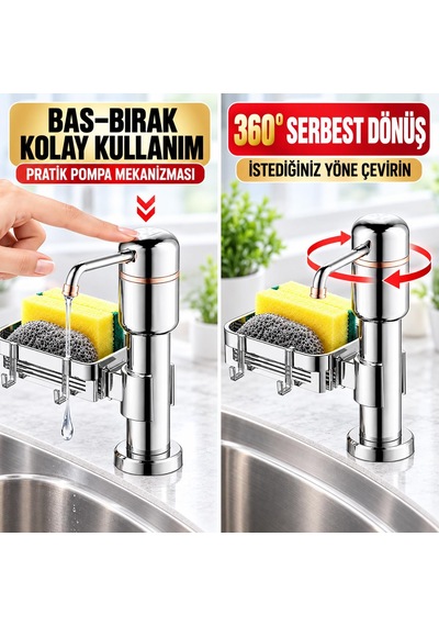 Valkyrie 2 Si 1 Arada Mutfak Sıvı Sabunluk Ve Süngerlik Seti Tezgah Üstü Pompalı Dispenser 360 Döner Gümüş