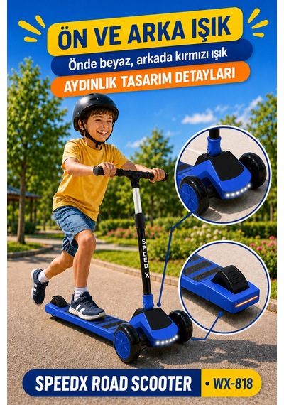 Mavi Işıklı Müzikli Speedx Road Scooter Wx-818 3 Tekerlekli Çocuk Scooterı Geniş Dokulu Taban