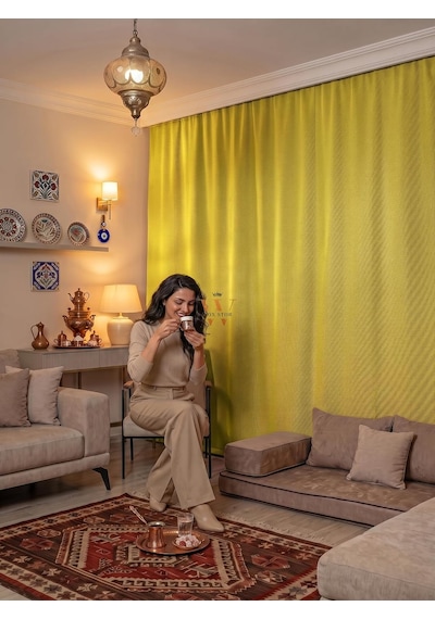 Tr Woxstor Sarı Fon Perde Karartma Güneşlik Blackout Işık Geçirmez Kalın Salon Yatak Odası Balkon 275 Cm Genişl Genel