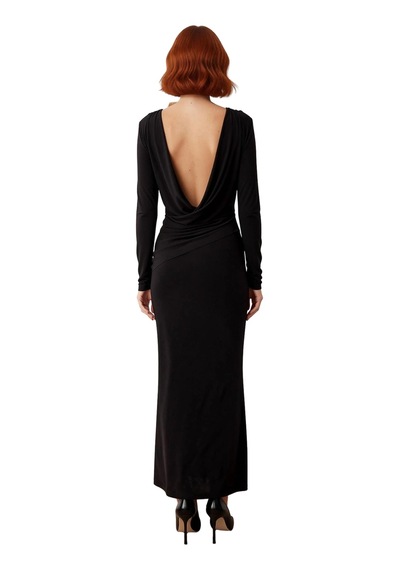 Ersefa Kadınlara Özel Kayık Yaka Uzun Kol Bodycon Kesim Maxi Elbise Smar Siyah