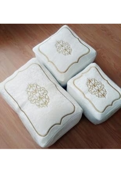 Dilex Kadife Nakışlı Hurç Seti 3'lü Ekru Gold İşlemeli Çeyizlik Saklama Hurcu, Astarlı, Fermuarlı, Şık V Diğer