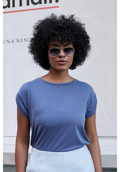 Jument Kadın Modal Penye Geniş Sıfır Yaka Düşük Omuzlu Apoletli Kısa Kol T-shirt Bluz-indigo İndigo