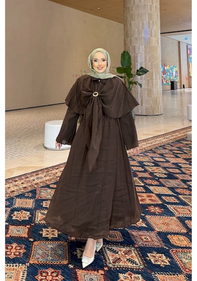 Riella Butik Alure Pelerin Bluzlu Şifon Takım Kahverengi
