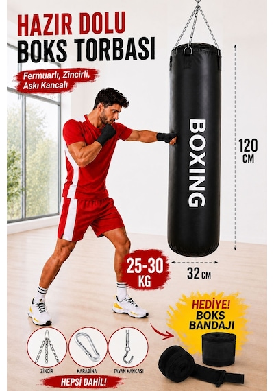 Boxing 120 Cm Büyük Boy Hazır Dolu Boks Torbası Ve Zinciri - Hediye Boks Bandajı Siyah