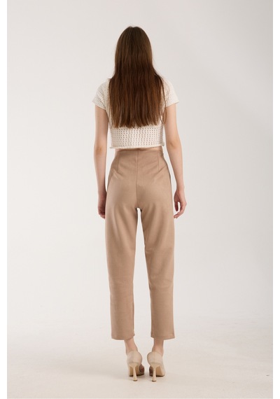 Gugus Kadın Beli Pensli Süet Pantolon Havuç/şalvar Model Bej