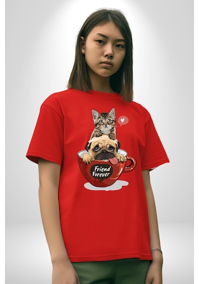 Kedi Ve Köpek Sonsuzadek Arkadaşız Pamuklu Bisiklet Yaka Unisex Oversize Boyfriend Dijital Baskılı Kırmızı T-shirt Kırmızı