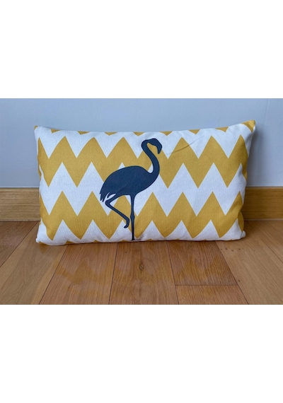 Zigzag ve Flamingo Desenli Dekoratif Yastık Kılıfı 35*55 cm - Sarı-Beyaz-Gri