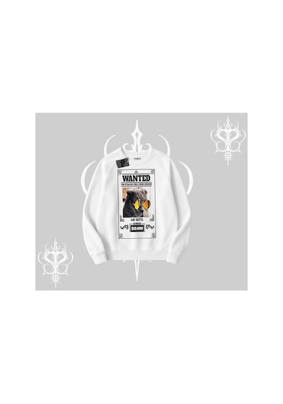 Tarzsokak Wanted Temalı Kedi Baskılı Biskilet Sweatshirt Beyaz