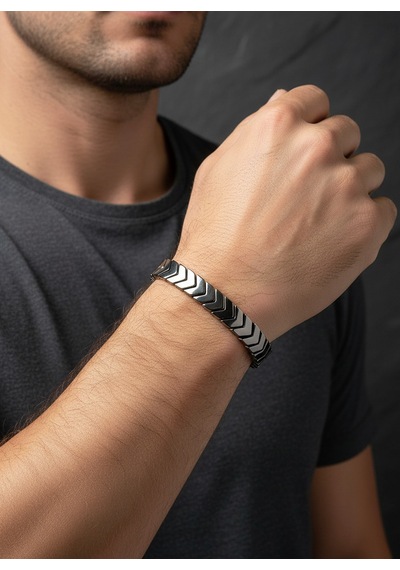 Erkek Füme Metalik Ok Detaylı Modern Bileklik Gümüş