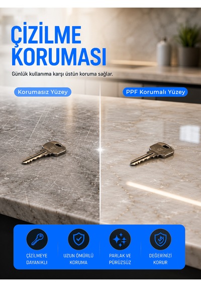 Mermer & Fayans Koruma Filmi 1 Metre X 3 Metre 190 Mikron Ppf Şeffaf Kendini Yenileyen Isıya Çizilmeye Dayanıklı