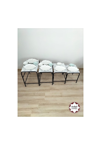 Evko Mobilya Buket Sehpa, 4'lü Zigon Sehpa, Servis Sehpası, Iç Içe Geçen Sehpa, Ahşap Sehpa, Dikdörtgen Sehpa Beyaz Mermer