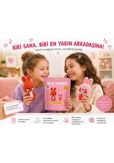 Bakgelal Hello Adorable Tavşan Dostlar Amigurumi Yapım Seti 2 Tavşan Figürü, Tığ Ve İplik Dahil