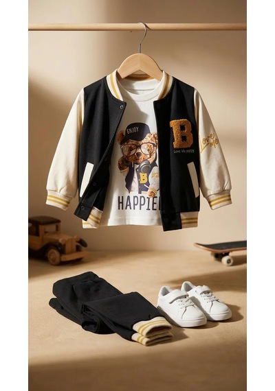 Erkek Çocuk Bayramlık 3 Lü Takım Kolej Ceketli Baskılı Sweatshirt Ve Eşofman Alt Siyah