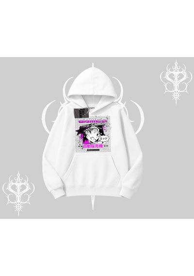 Kapşonlu Sweatshirt Games Schoolgirl Anime Baskılı Beyaz