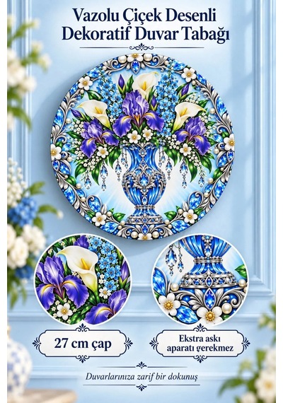 Dekoratif Duvar Tabağı - Vazolu Çiçek Desenli 27 Cm - Dekorlu Seramik Tabak