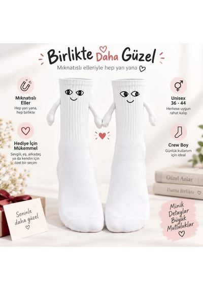 Womanandkids Wak Mıknatıslı El Ele 2'li Unisex Tutuşan Sevimli Çorap 36-44 Çift Hediyesi, Pamuklu Renkli Crew M Beyaz