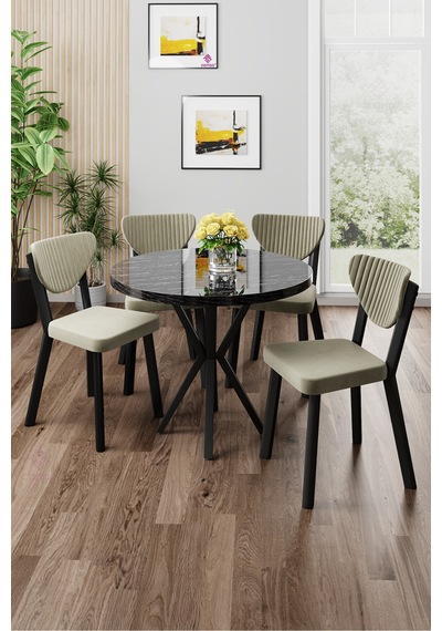 Canisa Agnes Serisi 90x90 Yuvarlak Siyah Mermer Desen Masa Takımı Ve 4 Krem Sandalye Masa Siyah Mermer Desen Sandalye Krem