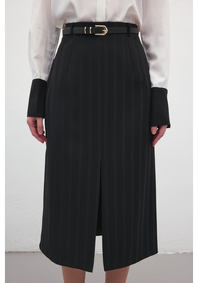 Sateen Anna Yırtmaçlı Etek - Siyah-137172 Siyah