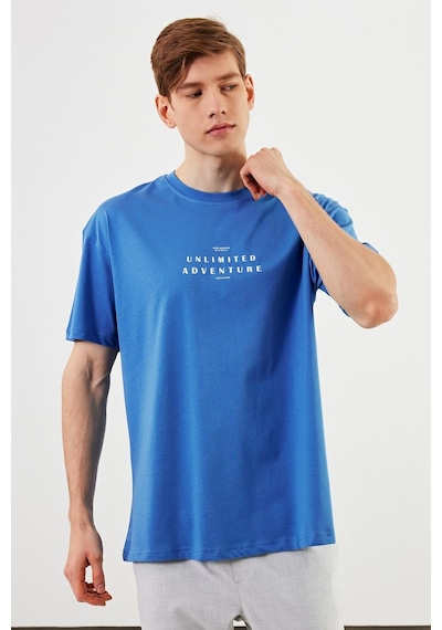 Leo Erkek Oversize Tshirt Pamuk Bisiklet Yaka Baskı Detaylı Basic Tişört Mtlce82 Mavi