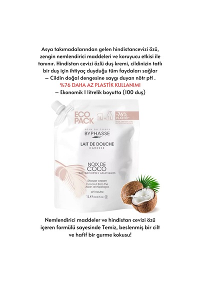 Byphasse Caresse Hindistan Cevizi Özlü Kremli Duş Jeli Ekonomik Yeniden Dolum Paketi 1 L