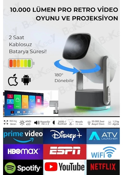 Wearfitpro K2 Şarjlı Projeksiyon Cihazı Android Bluetoothlu Ev Sineması