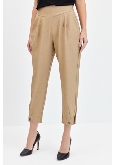 Kadın Geniş Kemerli Paçası Düğmeli Keten Pantolon Camel Camel