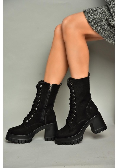 Fox Shoes T973559002 Siyah Süet Kalın Topuklu Kadın Postal Bot Siyah