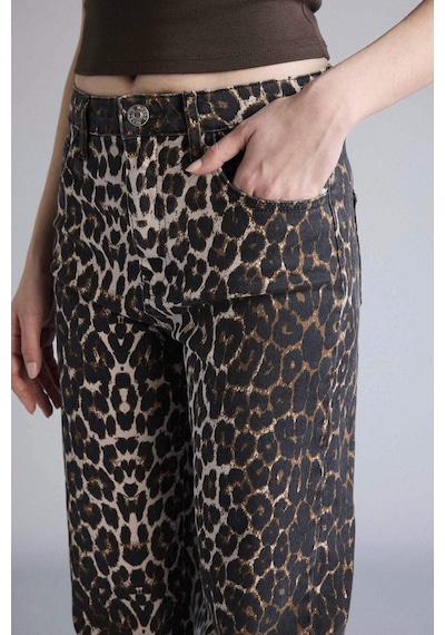 Defacto Straıght Fıt Yüksek Bel Leopar Desenli Gabardin Pantolon D1229ax26spbk81 Siyah-bk81