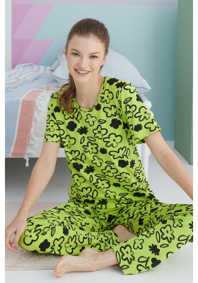 Siyah İnci Pamuklu Örme Pijama Takım 24113101 Çok Renkli