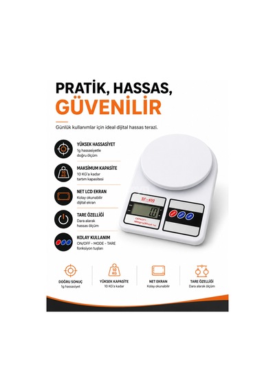 10 Kg 1 Gr Hassasiyetli Dijital Mutfak Terazisi Lcd Ekranlı Elektronik Hassas Tartı Sf-400 Beyaz