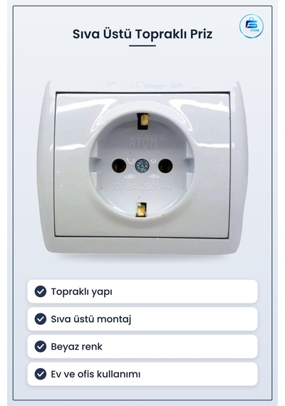 Sıva Üstü Topraklı Priz Ev Ofis Duvar Elektrik Tesisat Malzemesi