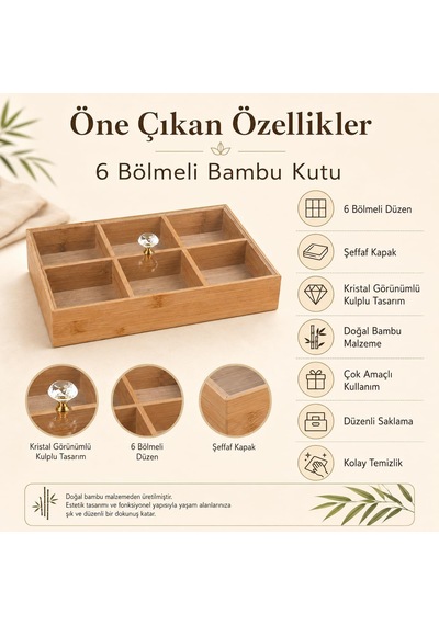 6 Bölmeli Bambu Organizer Kutusu, Şeffaf Kapaklı Çay Ve Takı Düzenleyici Diğer