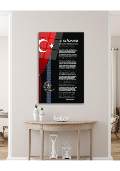 İstiklal Marşı Ve Türk Bayrağı Cam Tablo Modern Ev Ofis Salon Hediyelik Büyük Tablo Duvar Dekoru