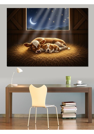 Ay Işığında Uyuyan Çoban Köpekleri Dekoratif Kanvas - Mdf Ahşap Tablo