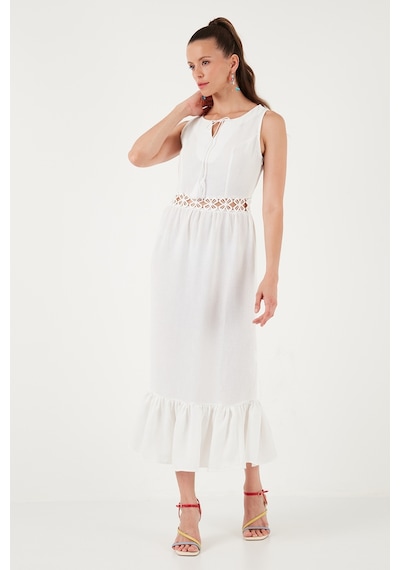 Lela Regular Fit Volanlı Kolsuz Midi Bayan Elbise 611El574 Ekru