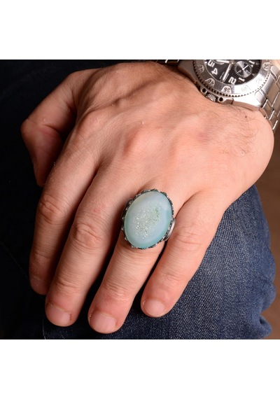 Erkekler İçin 925 Ayar Gümüş Yüzük, Doğal Druzy Kuvars: Aqua, Yeşil, Bej Seçenekleri Aqua Gümüş