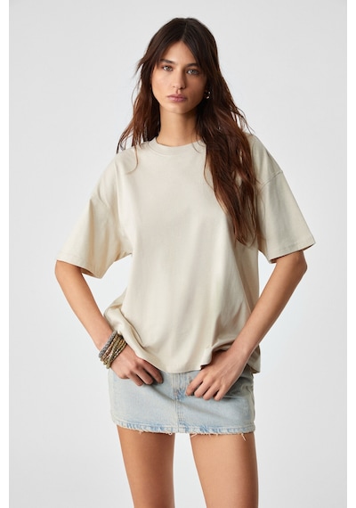 Grimelange LAGERTHA  Kadın %100 organik Pamuklu Kalın Dokulu Oversize Fit Yuvarlak Yakalı Taş Rengi T-Shirt