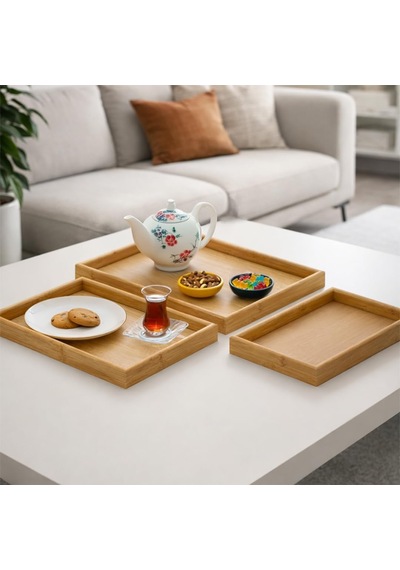 Tr 130105043 Ahşap Tepsi 3lü Set Çay Kahve Bambu Sunumu Tepsi Seti Diğer