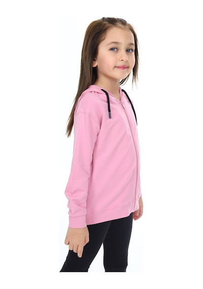 Toontoy Kız Çocuk Kapüşonlu Fermuarlı Cepli Düşük Omuz Nakış Baskılı Örme Hırka - 2 İplik Gül Kurusu