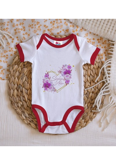 Bk Gift Bk Kids Kişiye Özel Çiçek Tasarımlı Kırmızı Bebek Body Zıbın-3