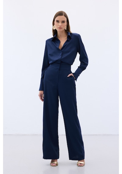 Sateen Jakarlı Pantolon - Lacivert-136611 Lacivert