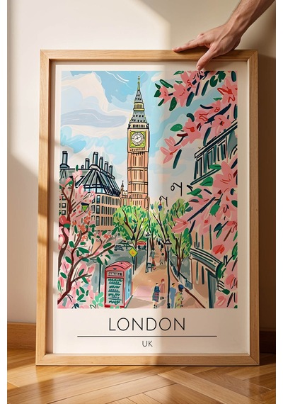 İngiltere Londra Temalı Çerçeveli Tablo Travel Serisi Modern İllüstrasyon Şehir Duvar Dekoru Kayın