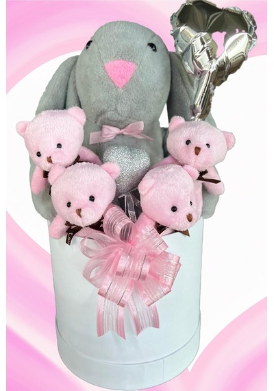 Sole Premium Özel Kutusunda 45 Cm Gri Bunny Tavşan, Simli Kalp 4 Pembe Ayıcık Ve Kalp Balonlu Buket