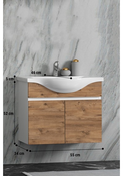 Yıldız 55 Cm Beyaz-atlantik Çam Mdf Seramik Lavabolu Asma Banyo Alt Dolabı Beyaz - Atlantik Çam